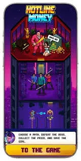 The Hotline Money title art in the pixel style the game is drawn in