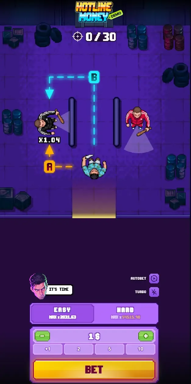 A run in progress at two opponents of thirty, with the multiplier beside the agent and the withdraw button lit